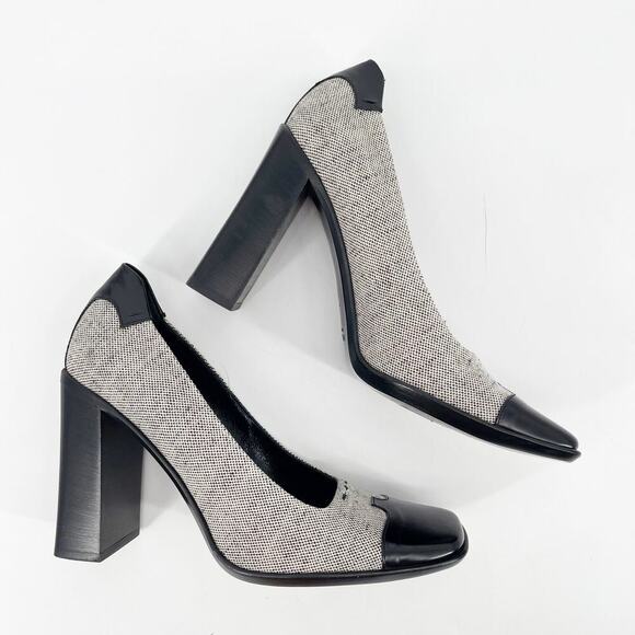 Prada Vintage 90s Black Leather Trim Gray Fabric Square Toe Block Heels IT 38 - Picture 3 of 10